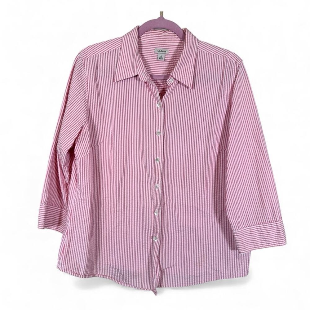 LL Bean Pink White Striped Seersucker Button Down Shirt Womens L Classic Preppy